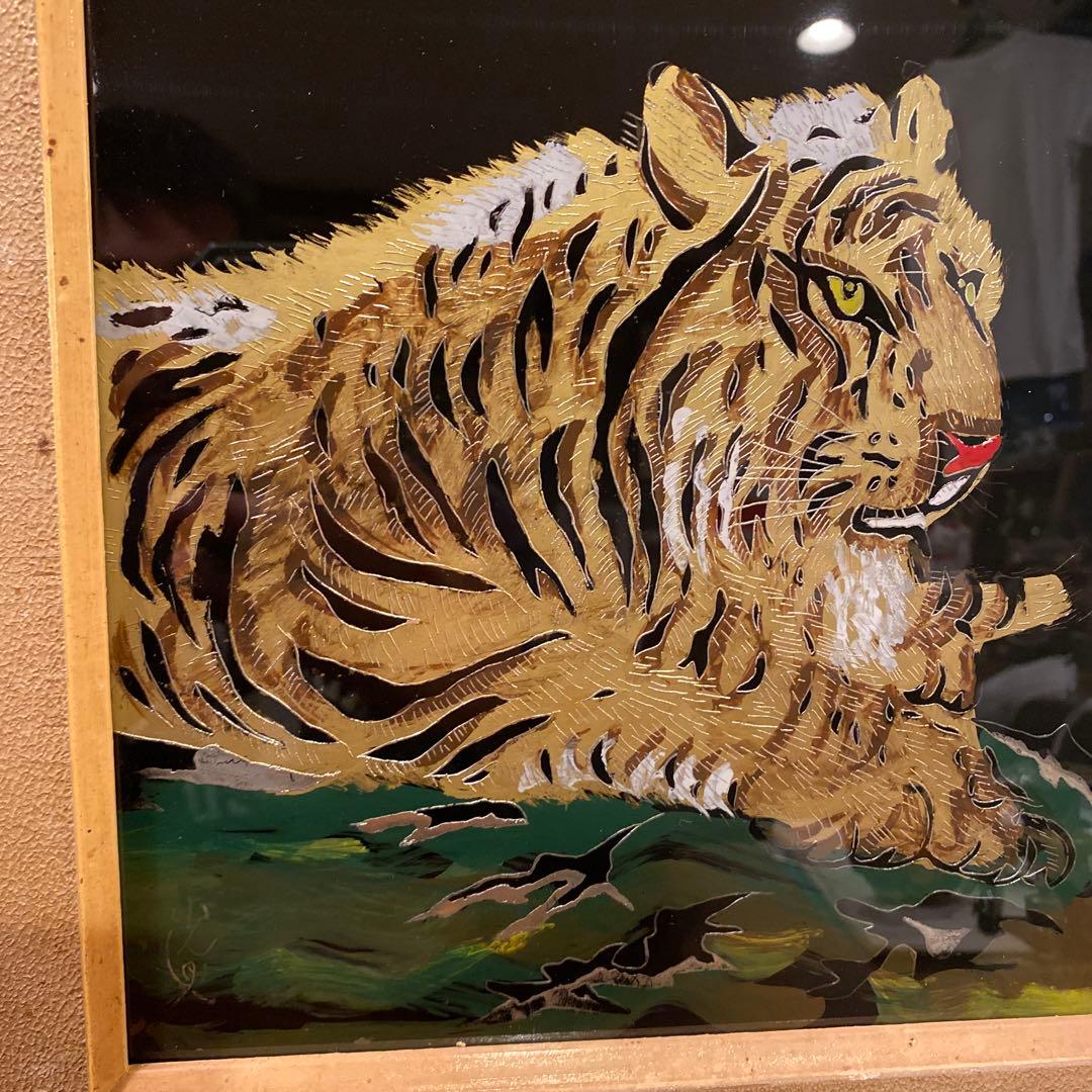 昭和39年 日光 虎 絵画 硝子絵 アート 額装品 骨董品 縁起物