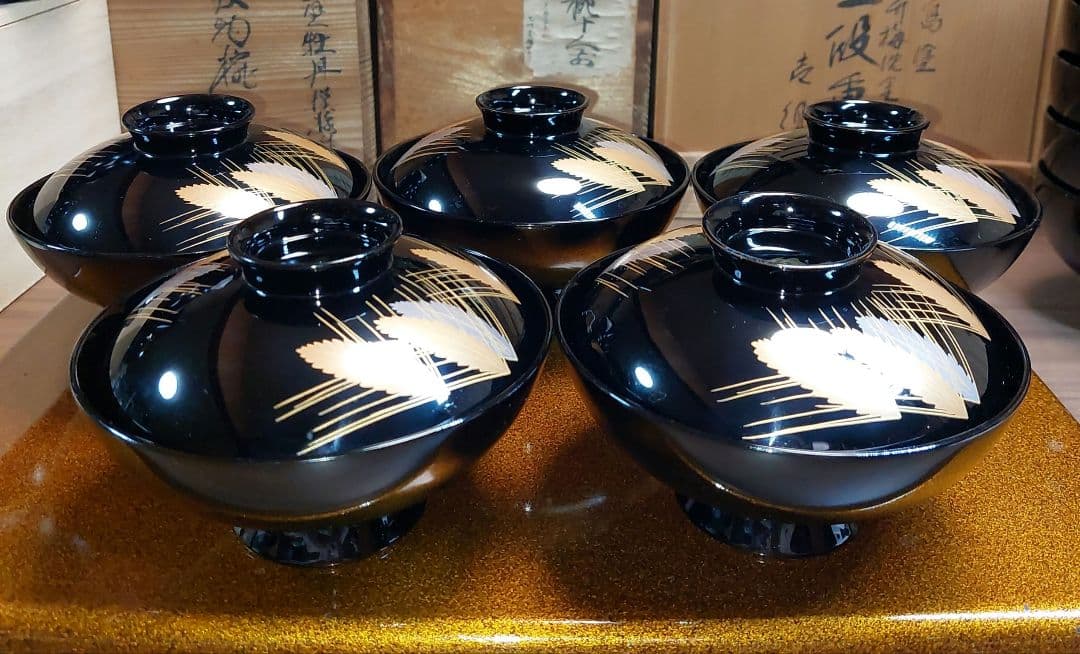 輪島黒塗金銀麦頭蒔絵椀五