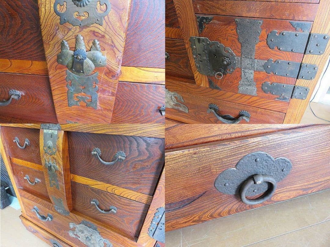 【在銘 七屋太郎刀】欅無垢材 車箪笥 鍵付き 玉杢・虎杢 時代箪笥 高級総欅