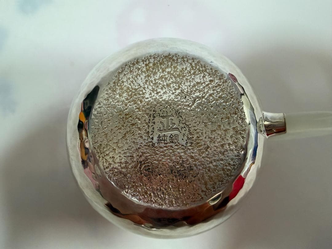 純銀製 丸形 鎚目 玉石摘 急須 銀瓶 煎茶道具