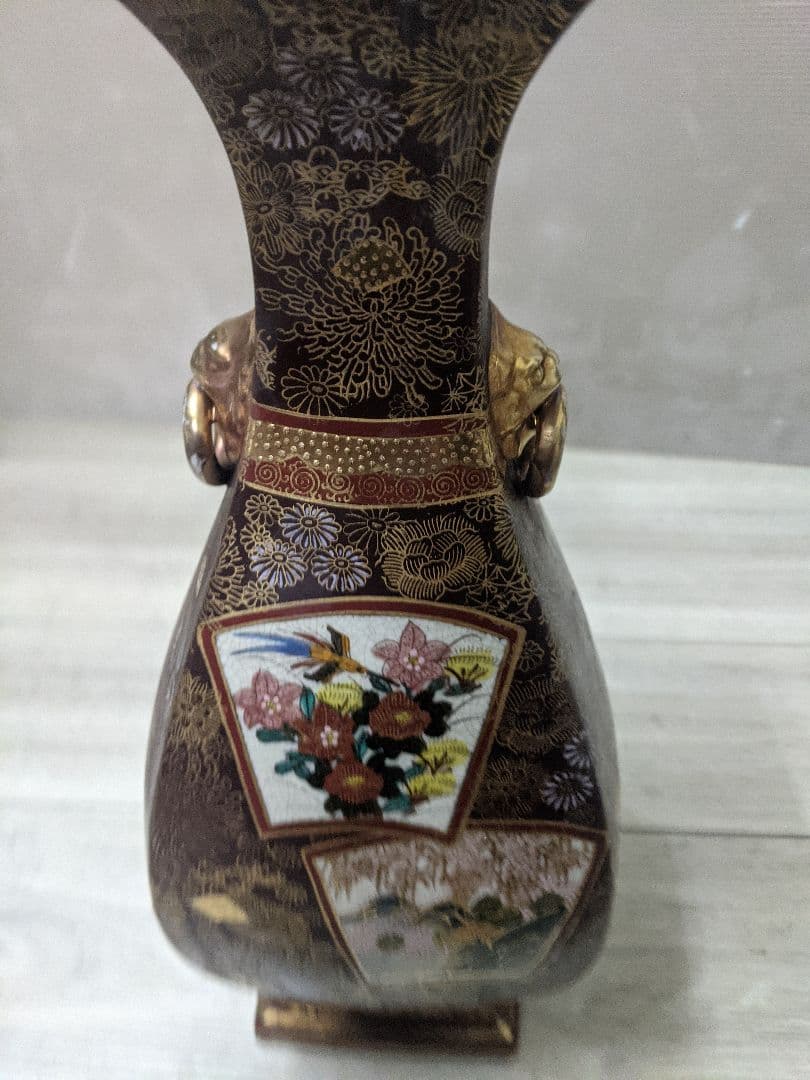 薩摩焼　飾り壷　金彩　金つぶ　山水　花鳥文　花瓶　連山　飾り耳付