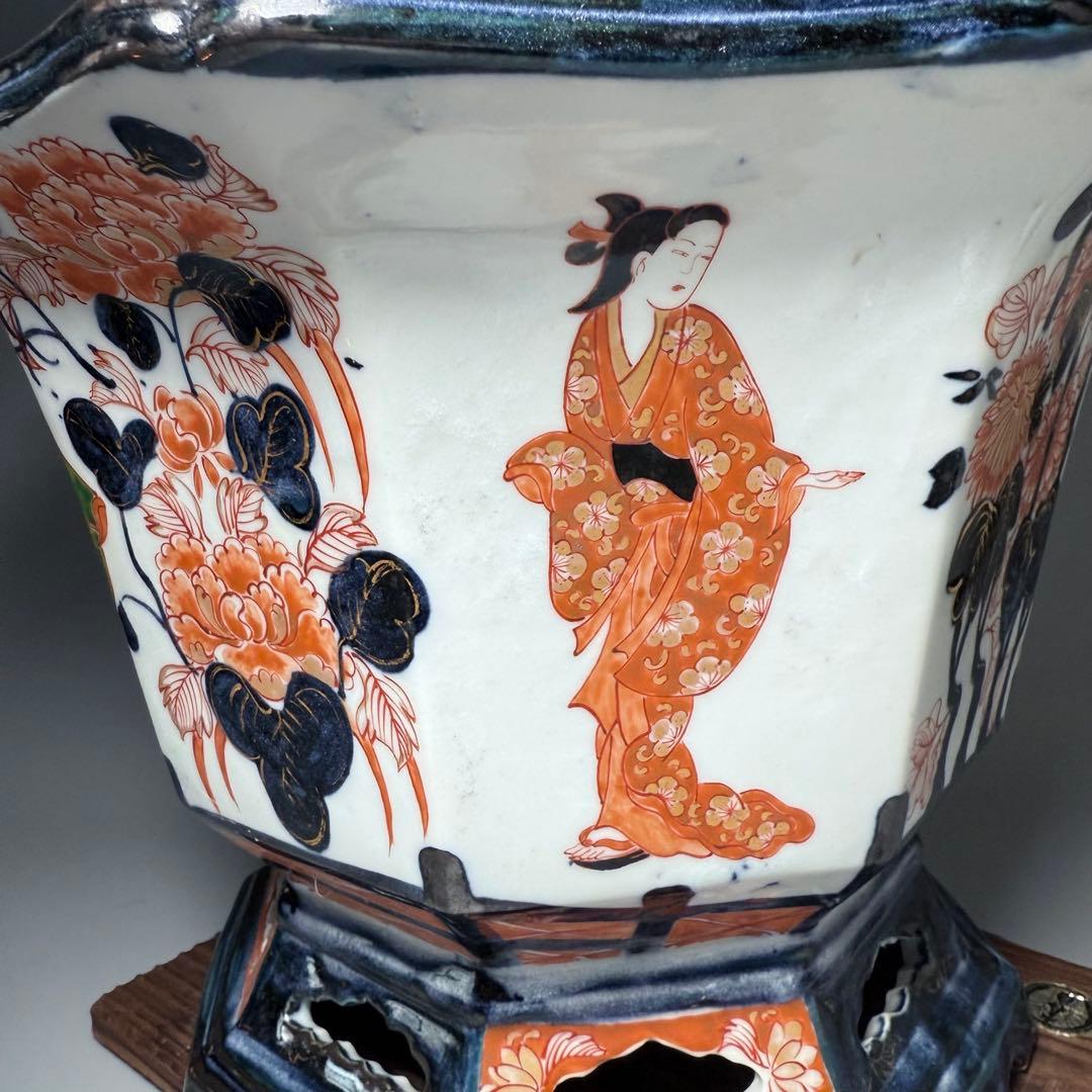 幕末〜明治期　染錦美人図大鉢　盆栽　植木鉢　高さ26cm　直径37.5cm