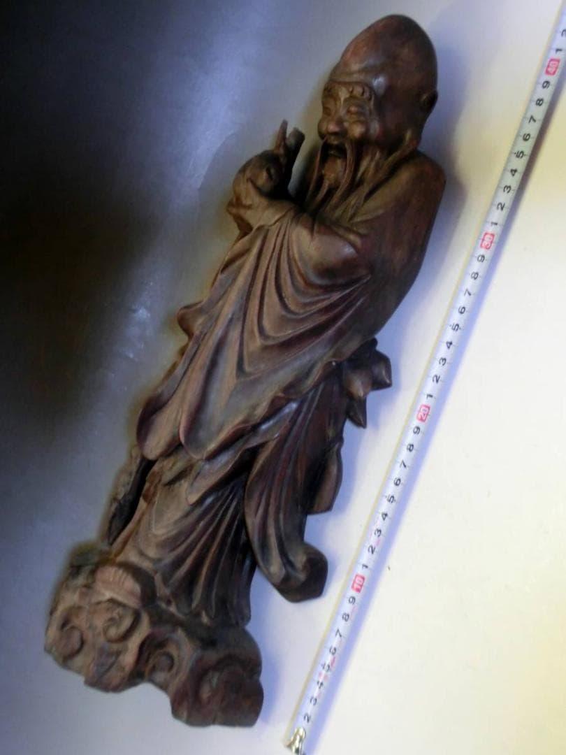 置物●古い人物像 唐木彫り 寿老人 桃持ち オブジェ 古美術 時代物 骨董品■