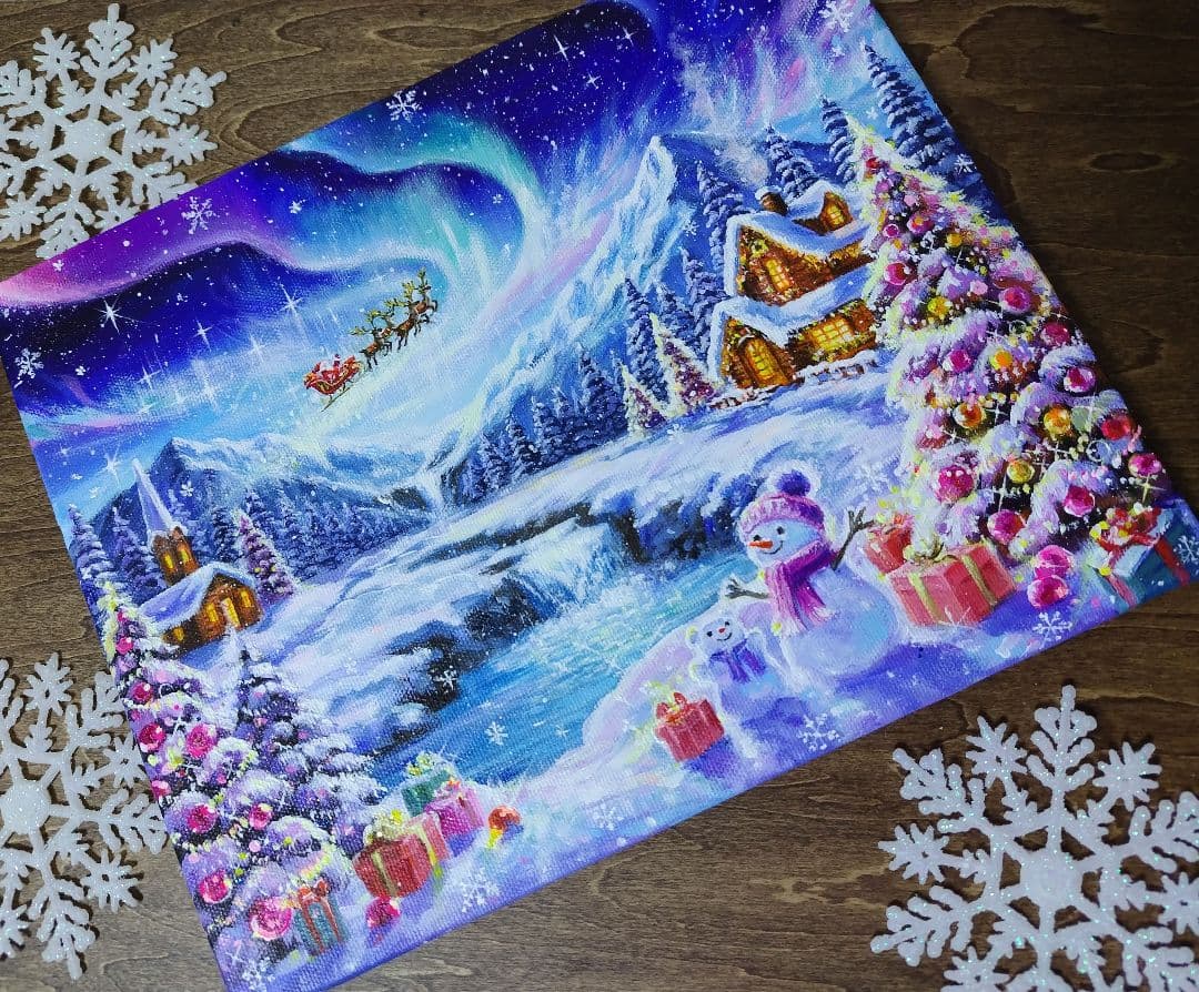 琥*ん様 【オーロラが輝く日】アクリル画 F3 風景画 絵画