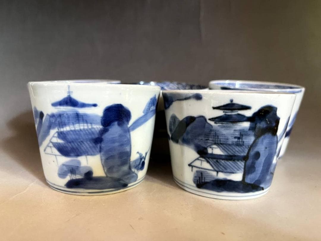 蕎麦猪口●手描きソバチョコ(江戸後期)伊万里染付山里図 15客 酒器時代物骨董■