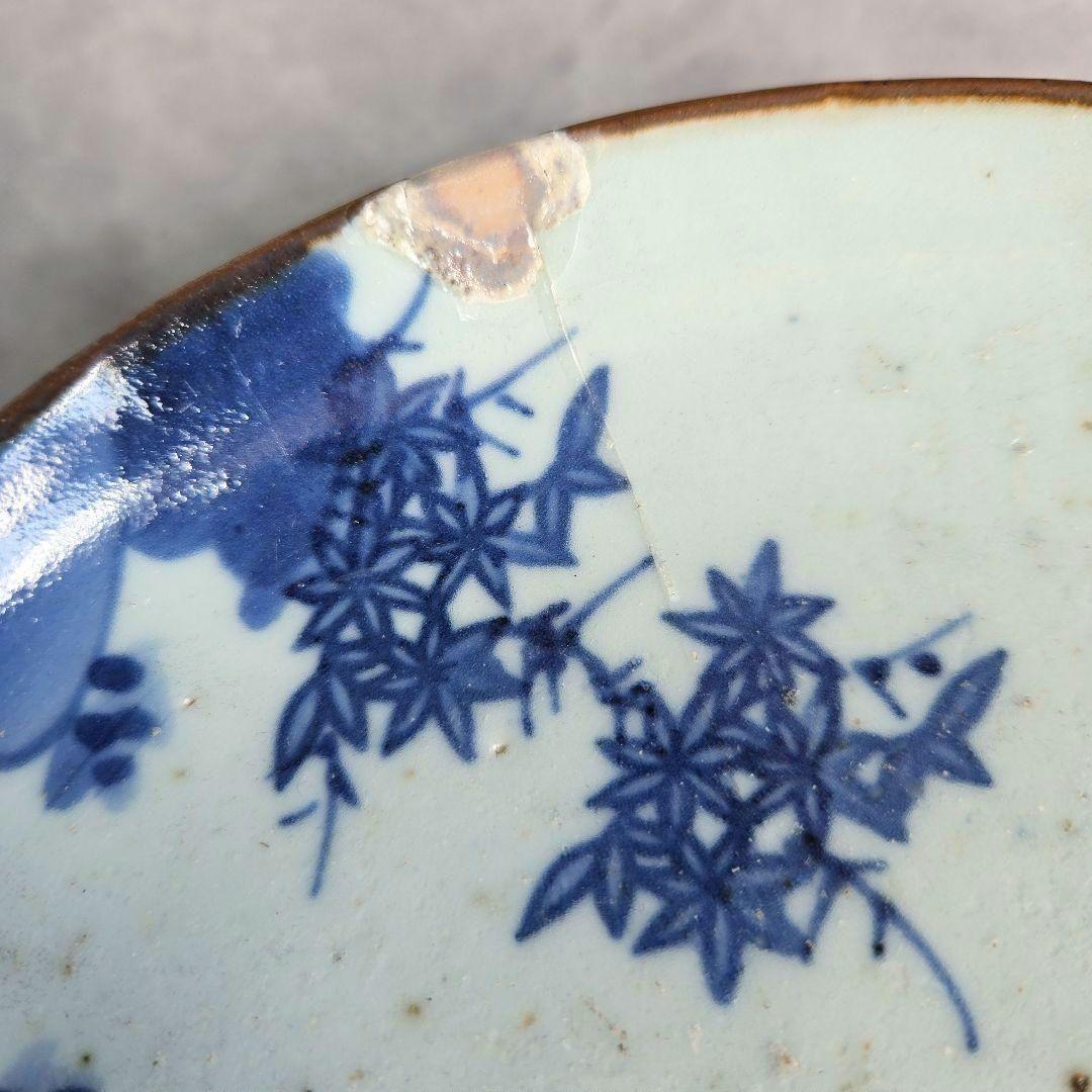 古伊万里　染付六寸皿　江戸時代　型紙摺　コンニャク印判　金直し　金継ぎ　骨董