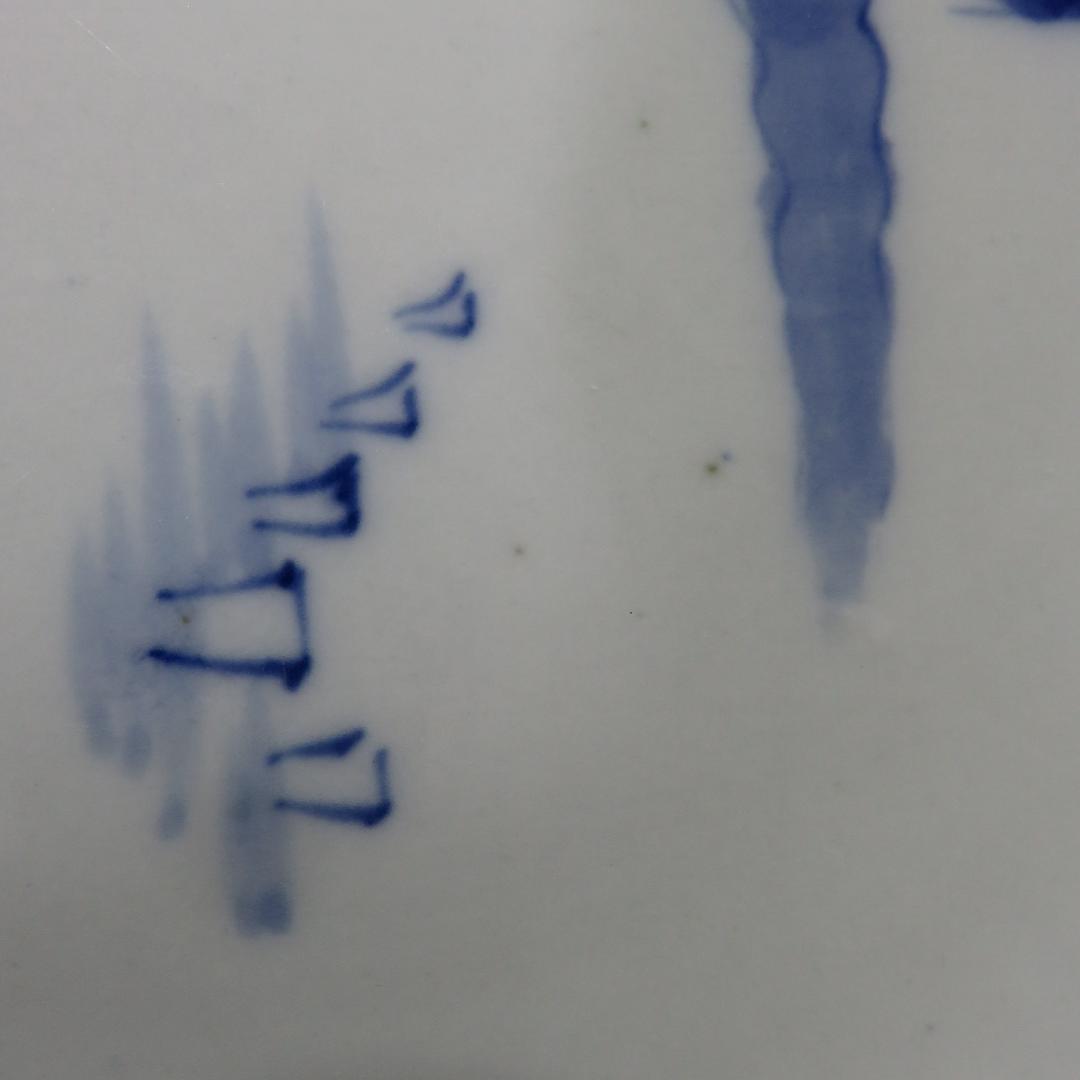 大皿 染付 古伊万里 明治 大正 山水 花文様 家屋 帆船 窯傷 名家 5枚