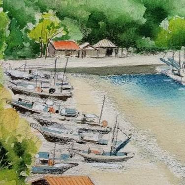 絵画「静かな漁港の昼さがり」　水彩画