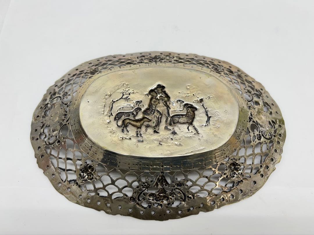 羊飼いと娘 シルバー ディッシュトレイ 銀製 800 刻印 楕円 透かし彫り