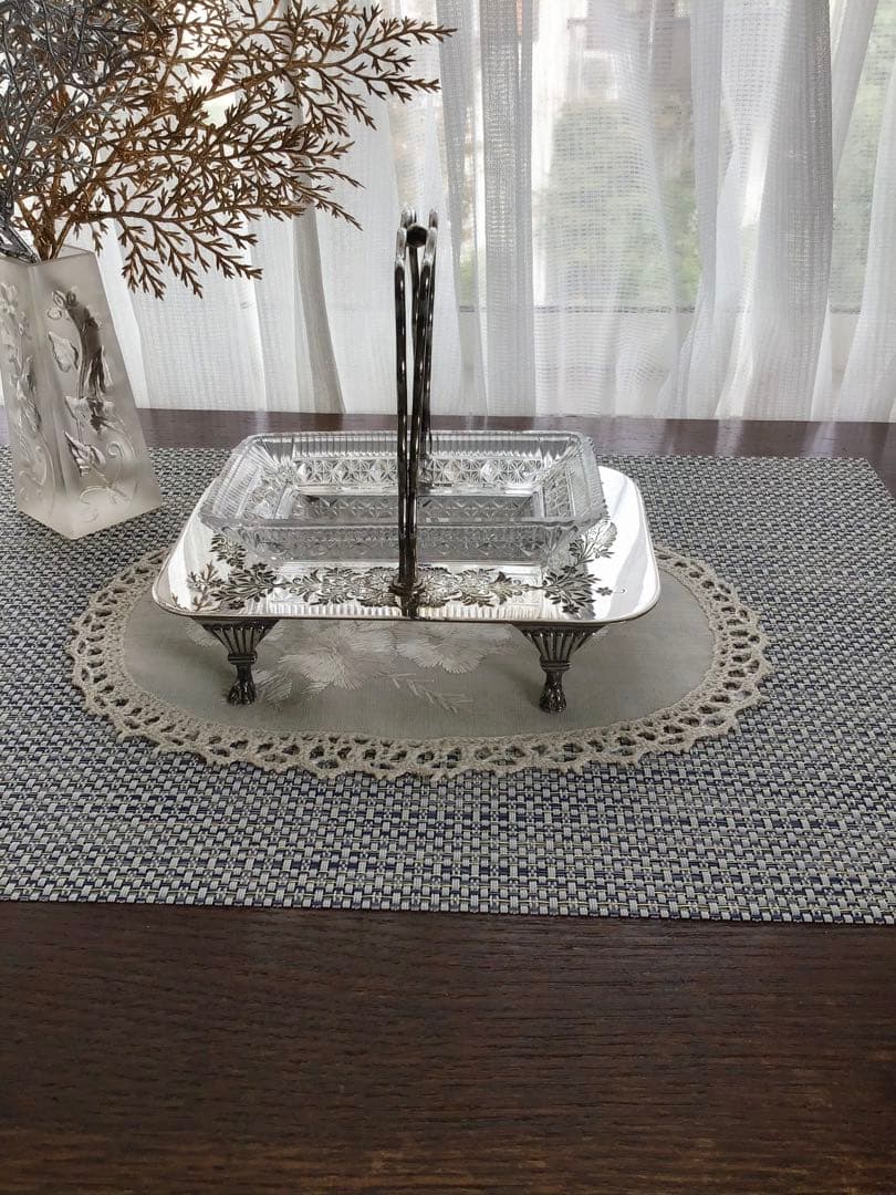 イギリスアンティーク、シルバーとガラスの持ち手付き深皿