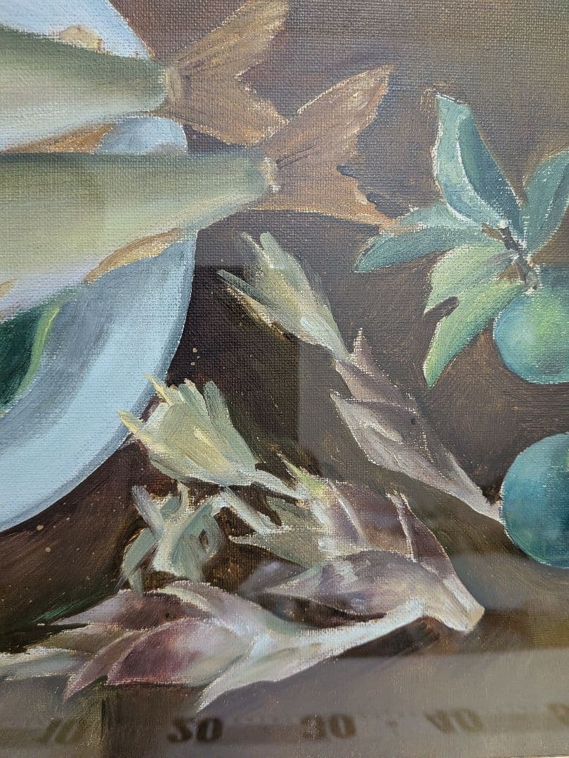 油絵「鮎２匹皿上並びにスダチ」昭和時代頃額サイズ横幅５７Ｘ縦４８Ｘ厚さ５額装品