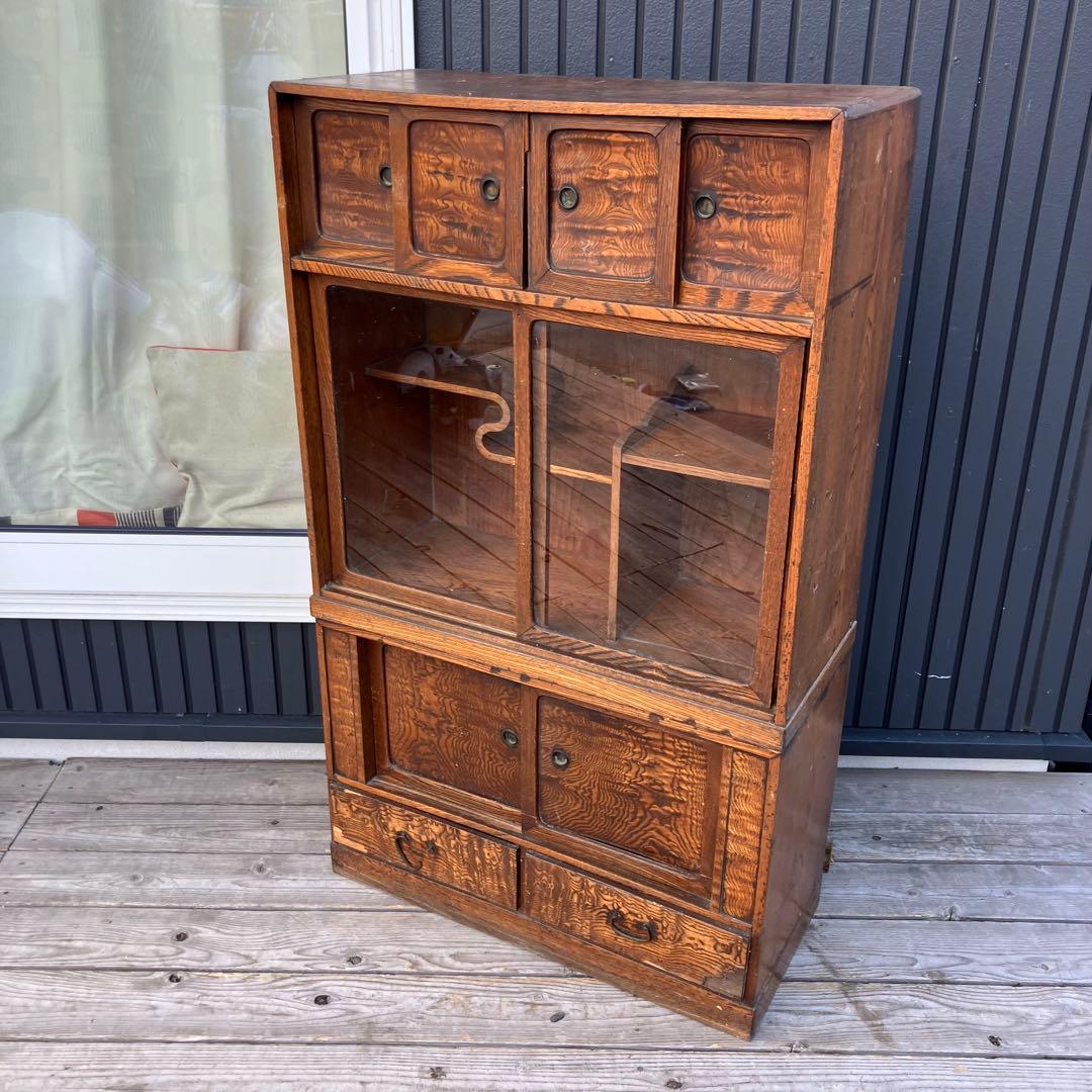 昭和レトロ 茶箪笥 飾り棚 ガラス扉 サイドボード 古家具 古民家ビンテージ
