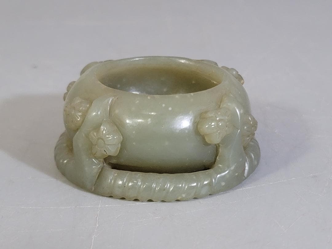 和田玉水孟　幅約6.5㎝　古玉彫刻 花彫紋 細工 書道具 唐物 中国美術 古玩