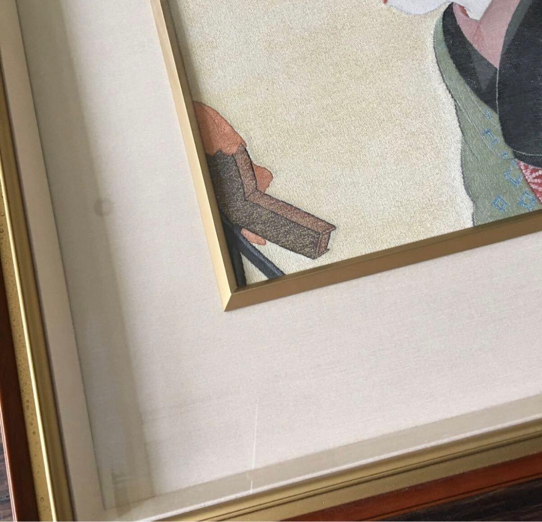上村松園 鴛鴦髷 西陣織 小高念記 織物画 刺繍画 額装 伝統工芸 D