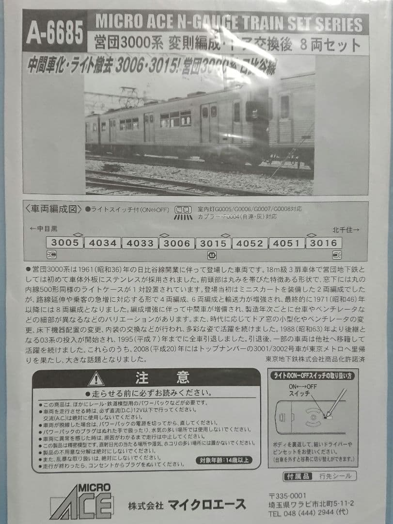 Nゲージ マイクロエース 営団3000系 日比谷線 変則編成 ドア交換後