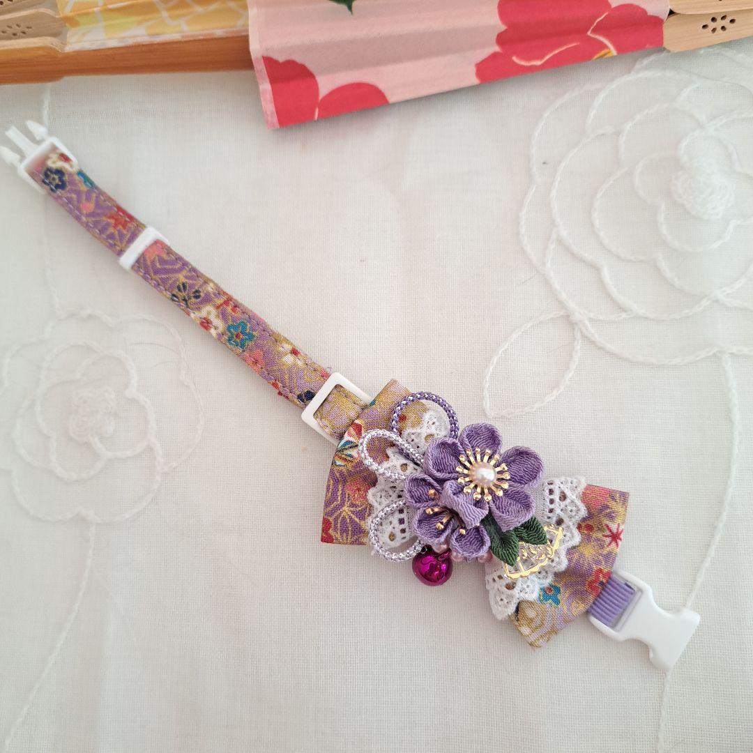 お正月、つまみ細工シングルリボン(紫②)わんちゃん猫ちゃん用首輪