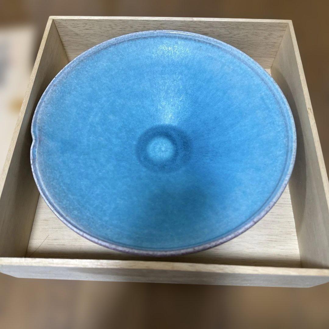 安藤勝美　青色陶器皿 木製箱付き