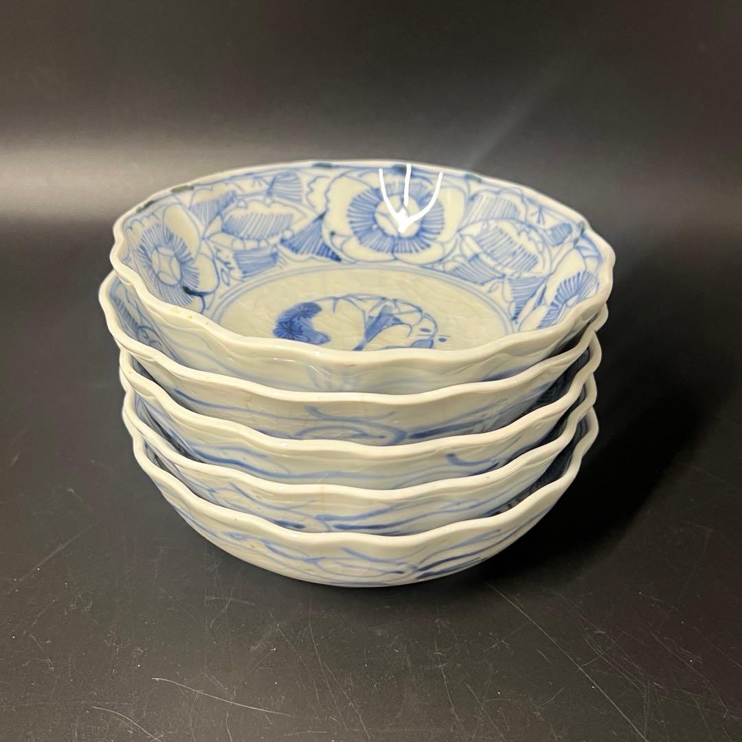 明治期 染付 松竹梅図 なます皿 5客揃 白磁 貫入◎古道具庵々