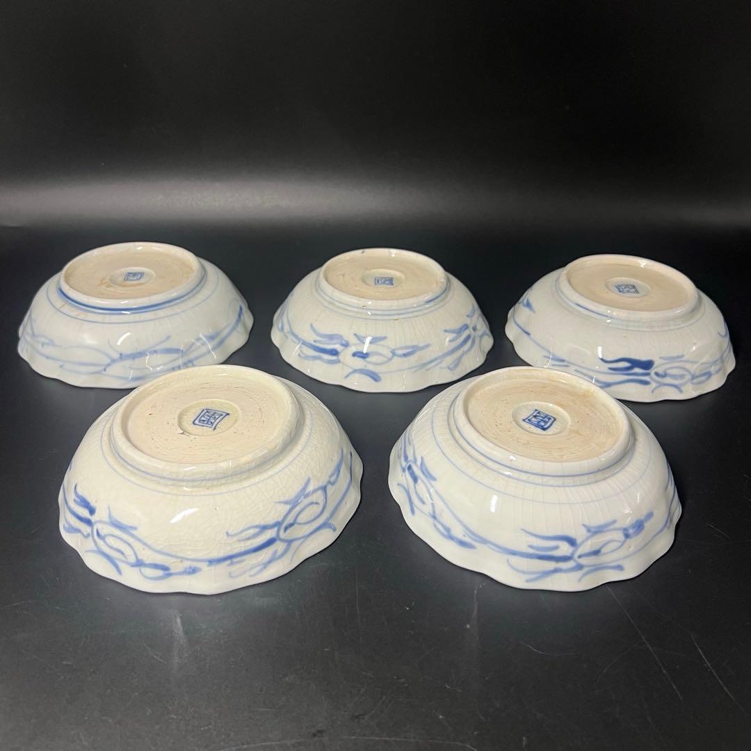 明治期 染付 松竹梅図 なます皿 5客揃 白磁 貫入◎古道具庵々