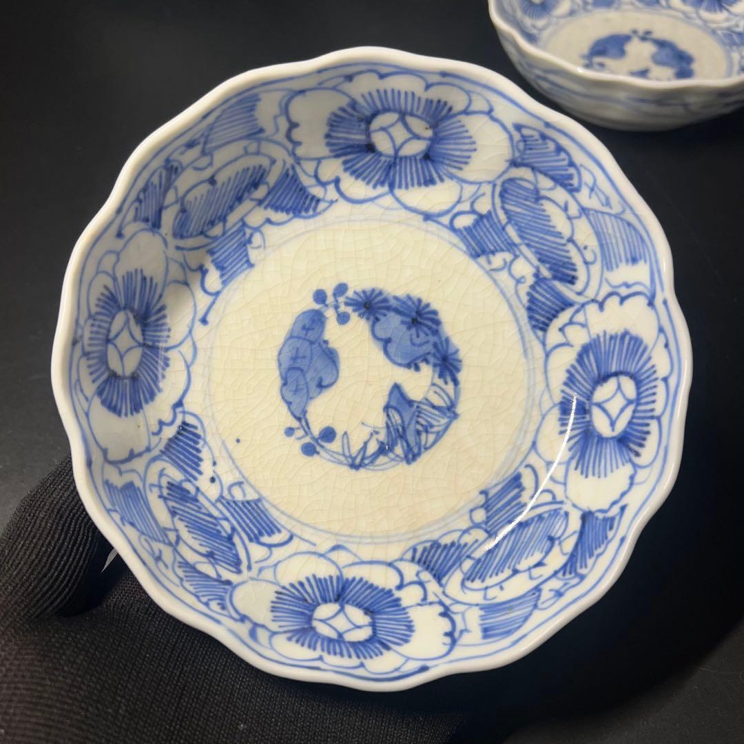 明治期 染付 松竹梅図 なます皿 5客揃 白磁 貫入◎古道具庵々