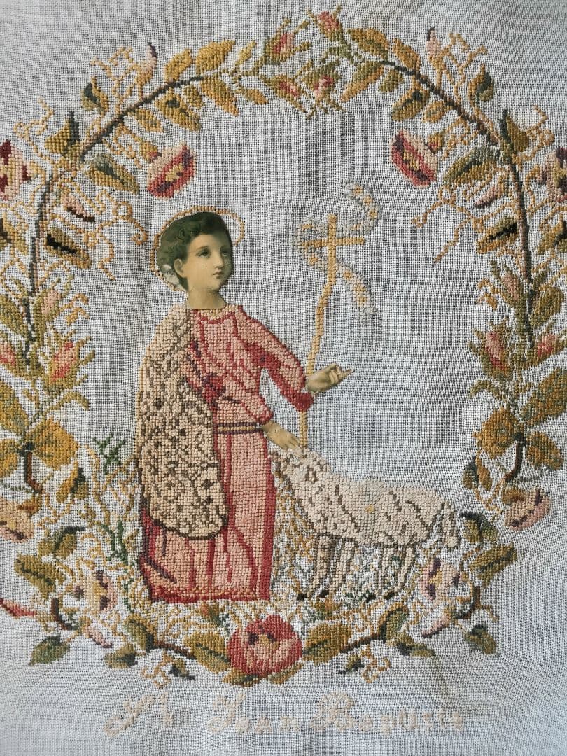 アンティーク 洗礼者聖ヨハネと羊プチポワン 薔薇朝顔菫ニードルポイント 麻布付