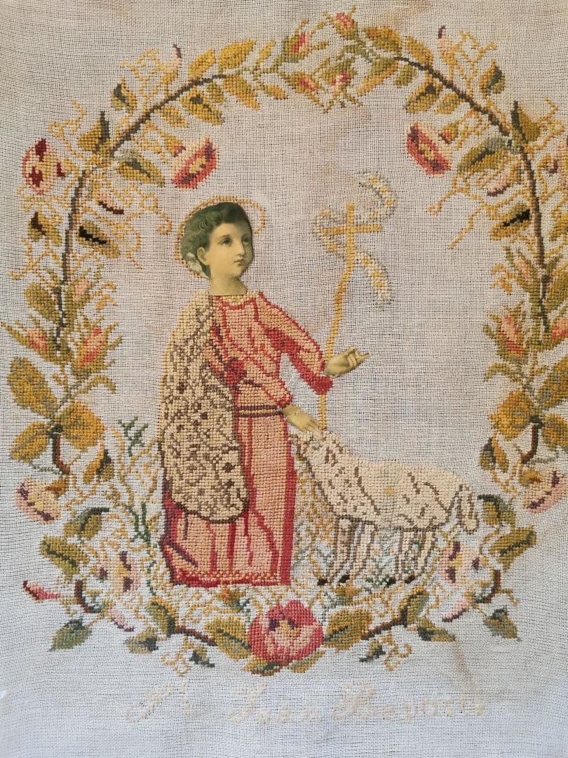 アンティーク 洗礼者聖ヨハネと羊プチポワン 薔薇朝顔菫ニードルポイント 麻布付