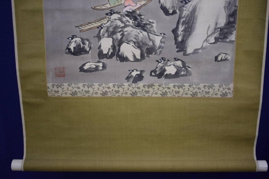 真作/小川竹鳳/梅花雪景山水人物小舟画賛/布袋屋掛軸HJ-235