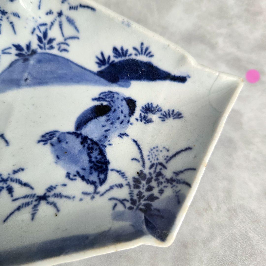 古伊万里　染付小皿　型紙摺　印判　鶉　上手　型物　骨董品　アンティーク　金継ぎ