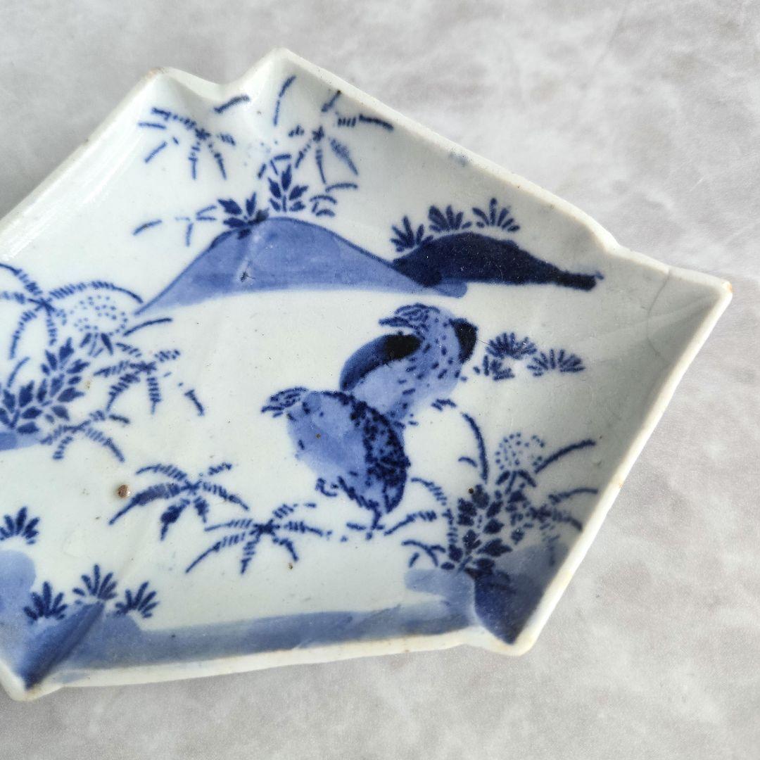 古伊万里　染付小皿　型紙摺　印判　鶉　上手　型物　骨董品　アンティーク　金継ぎ