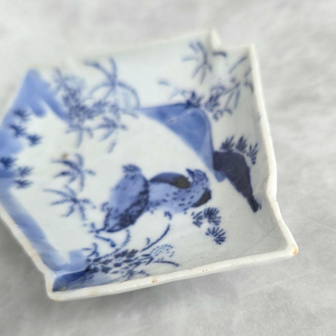 古伊万里　染付小皿　型紙摺　印判　鶉　上手　型物　骨董品　アンティーク　金継ぎ