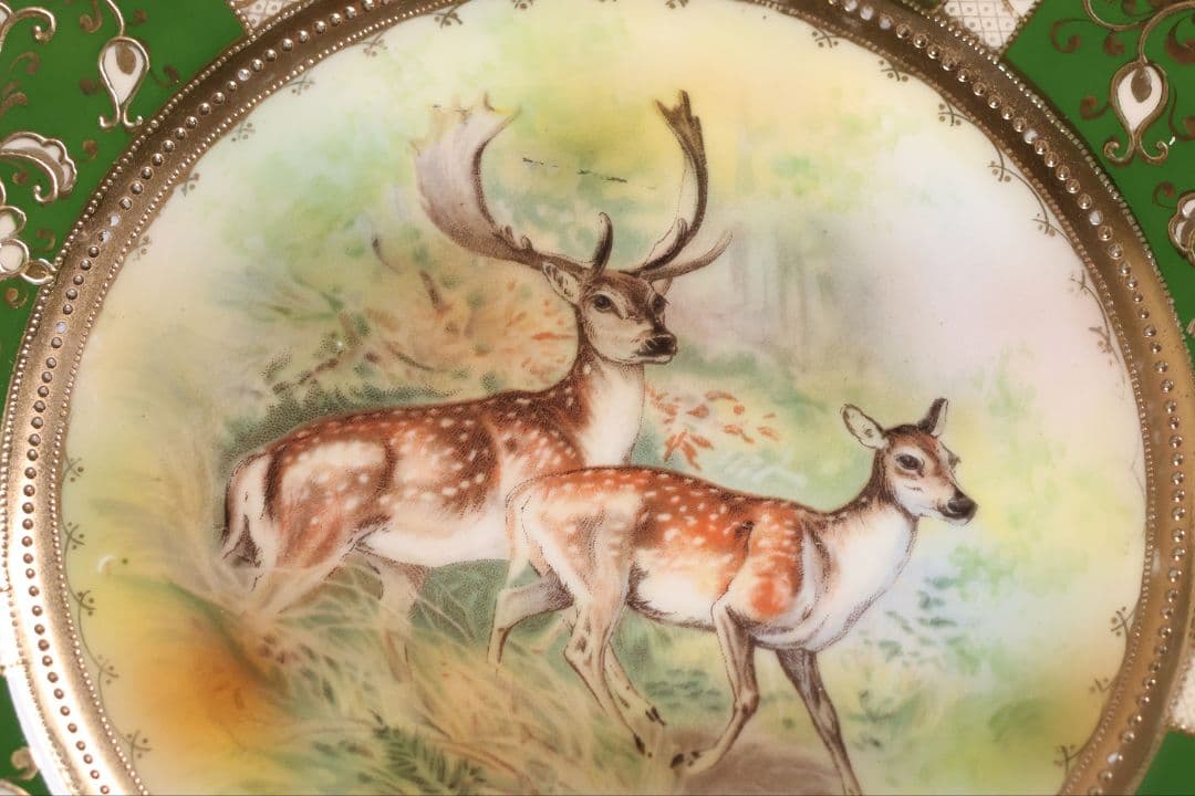 【CM298】オールドノリタケ 鹿 皿 プレート 金彩 盛上 緑 グリーン 明治