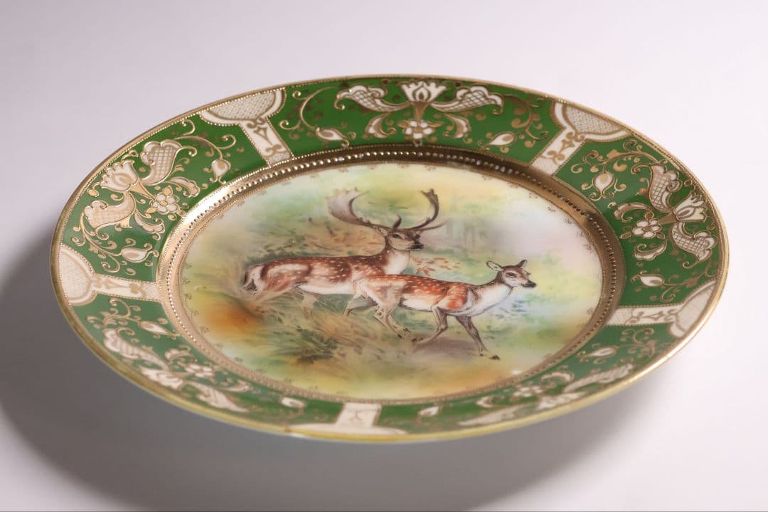 【CM298】オールドノリタケ 鹿 皿 プレート 金彩 盛上 緑 グリーン 明治