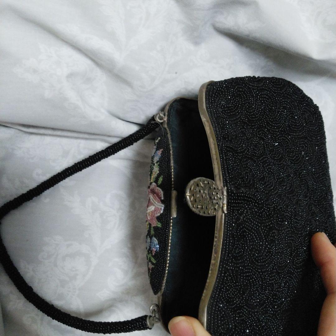 中古　レトロ　ビーズ　バック　インテリア　鏡有　ビーズ解れ有　クラッチ　タイプ