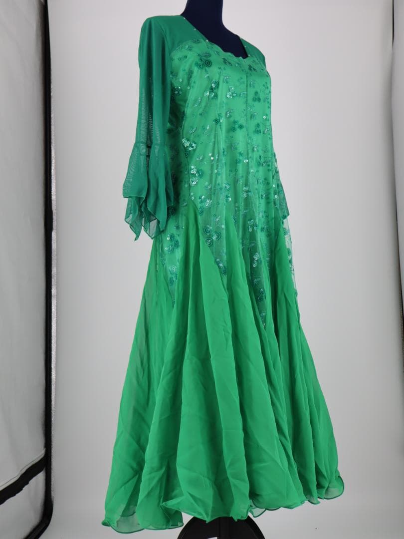 【美品 社交ダンス衣装】鮮やかグリーン×レース地 ドレス スタンダード モダン