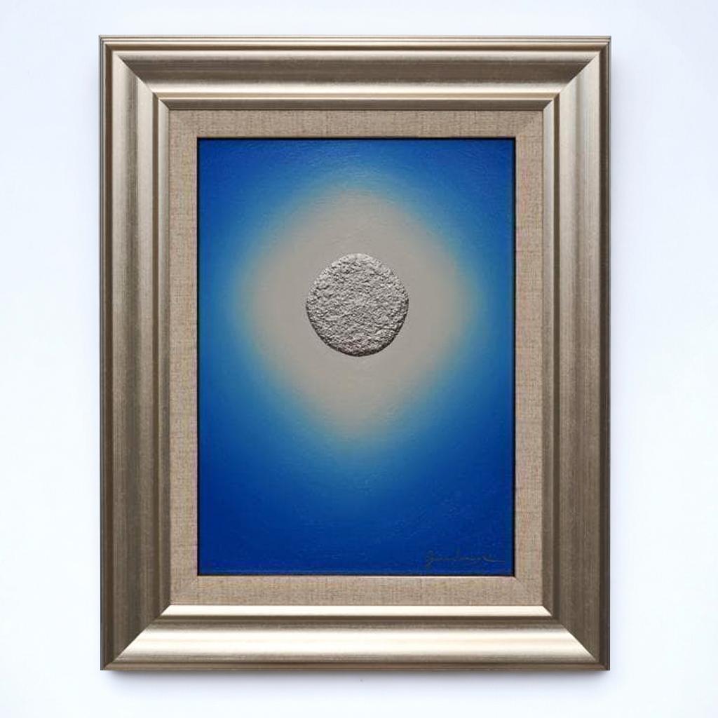 F4額装タテ46.9cm●がんどうあつし絵画油絵青プラチナシルバー銀光冷静沈静