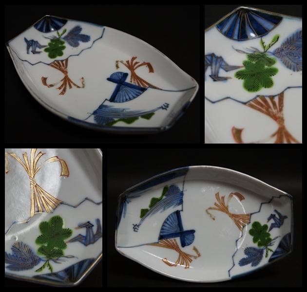 明治期 金彩色絵『富士山水風景熨斗文』皿 舟形 五客セット