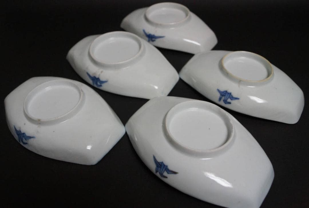 明治期 金彩色絵『富士山水風景熨斗文』皿 舟形 五客セット