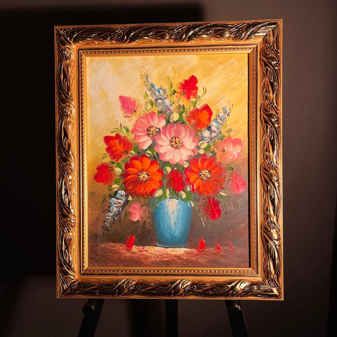 手書き油絵 花瓶の花 額付 肉筆絵画 インテリア 油彩画