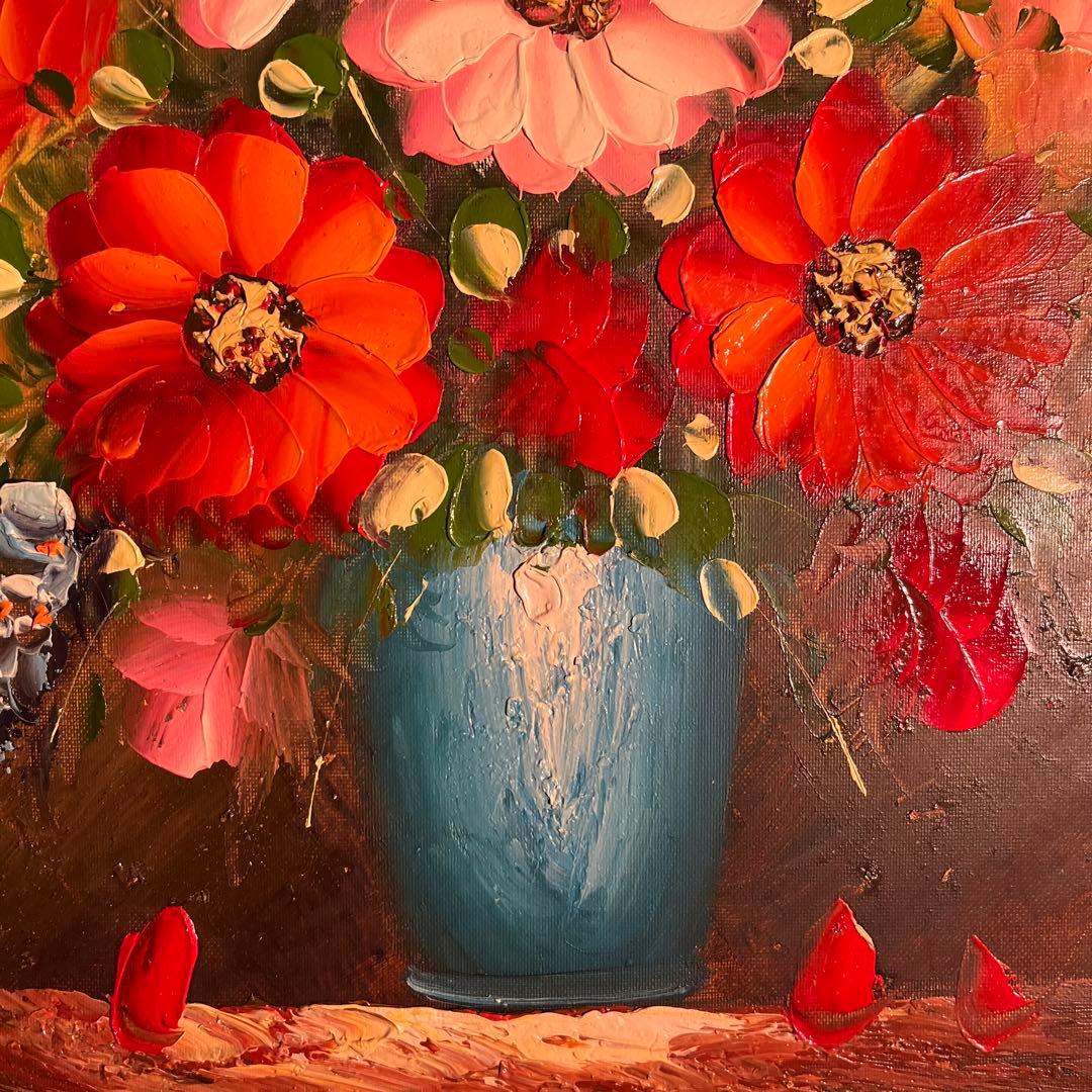 手書き油絵 花瓶の花 額付 肉筆絵画 インテリア 油彩画