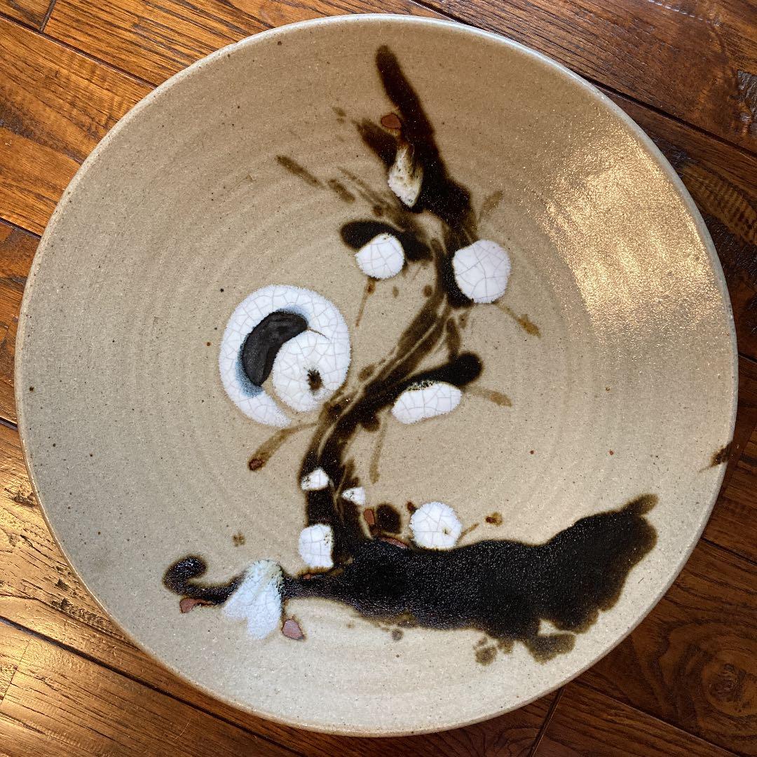 陶器 大皿 2枚組 益子焼 梅 丸皿／在銘 水仙 布目 角皿 レトロ和食器 和皿