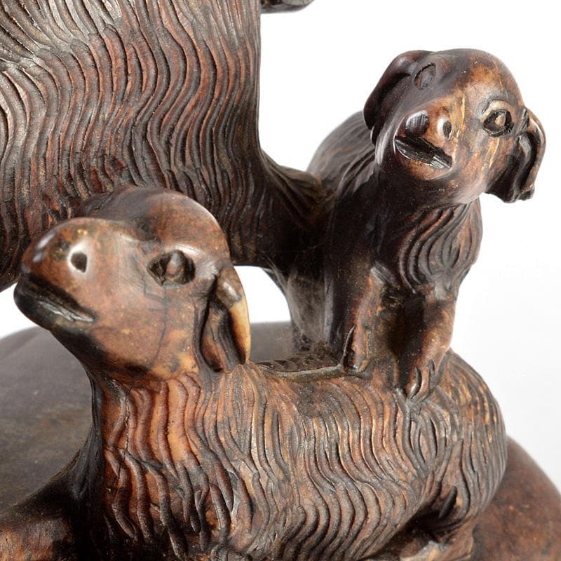 中国　玉石彫刻　羊親子　唐木台付　C　R5763