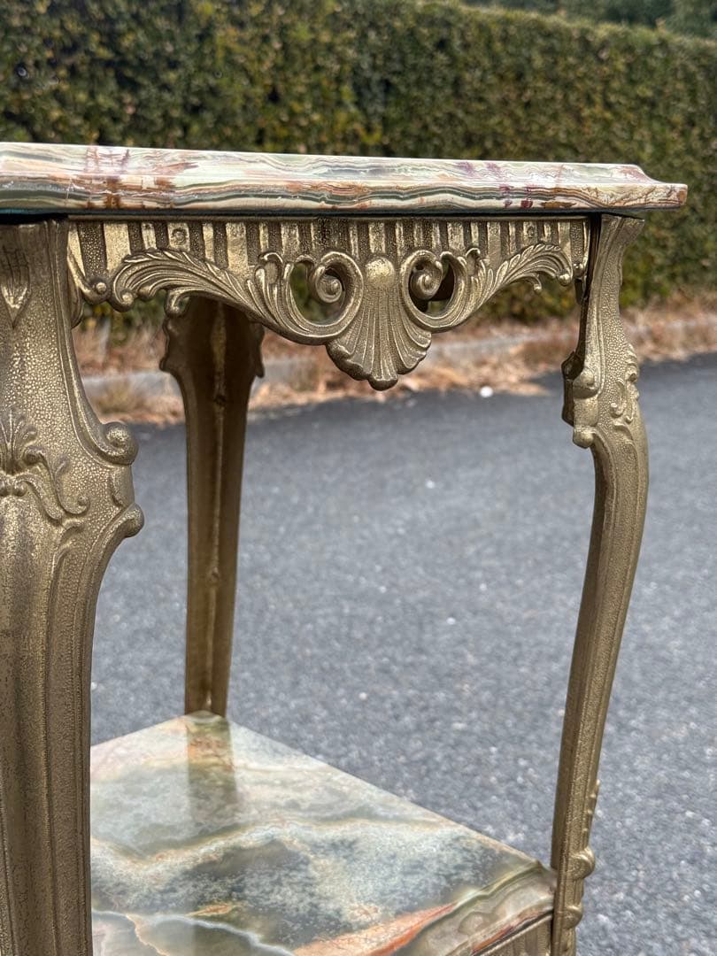 アンティーク 大理石 グリーンオニキス サイドテーブル 2段式