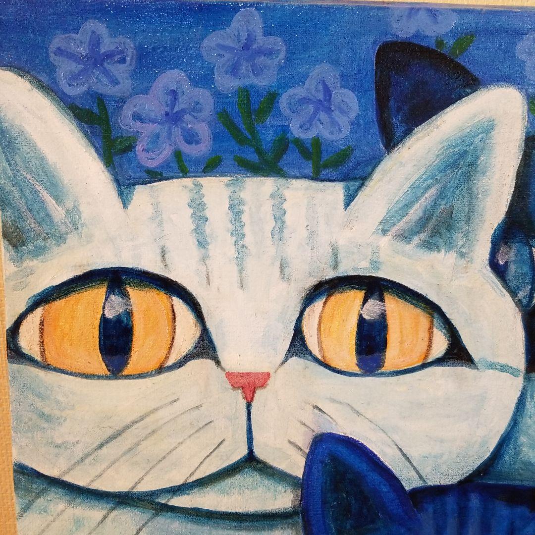 油絵　専用　三代そろった猫と青い花
