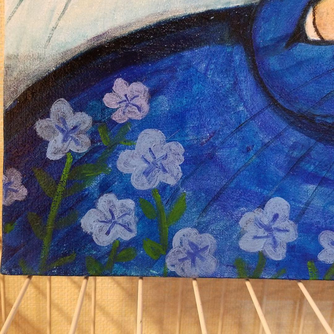 油絵　専用　三代そろった猫と青い花