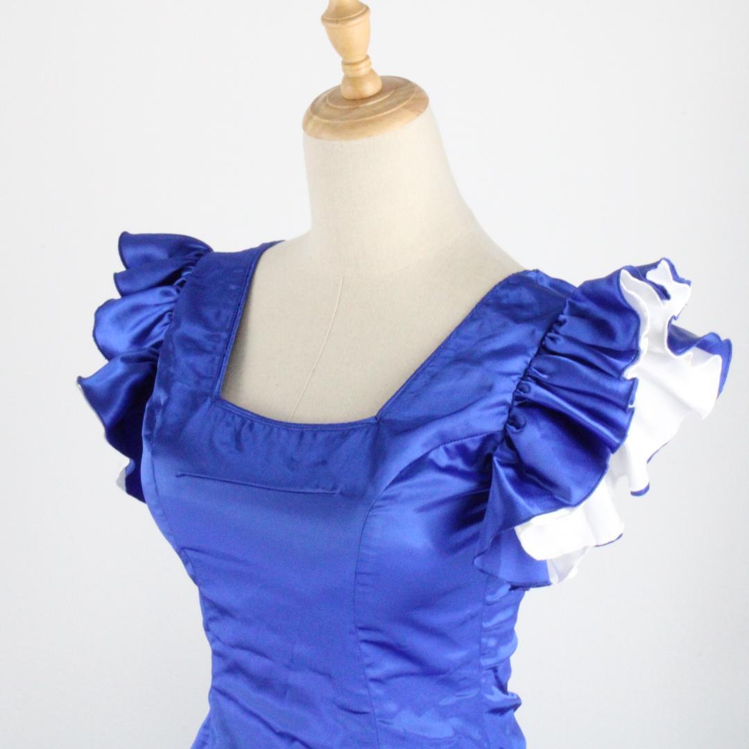 【フラメンコ衣装 ツーピースセット】光沢ブルー×光沢ホワイト　ブラウス ファルダ