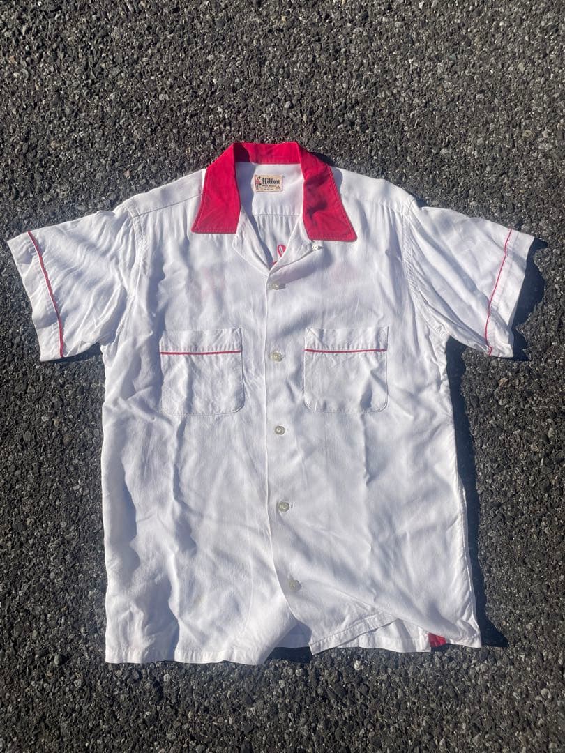 50s ヴィンテージ Hilton レーヨン ボウリングシャツ ホワイト/レッド