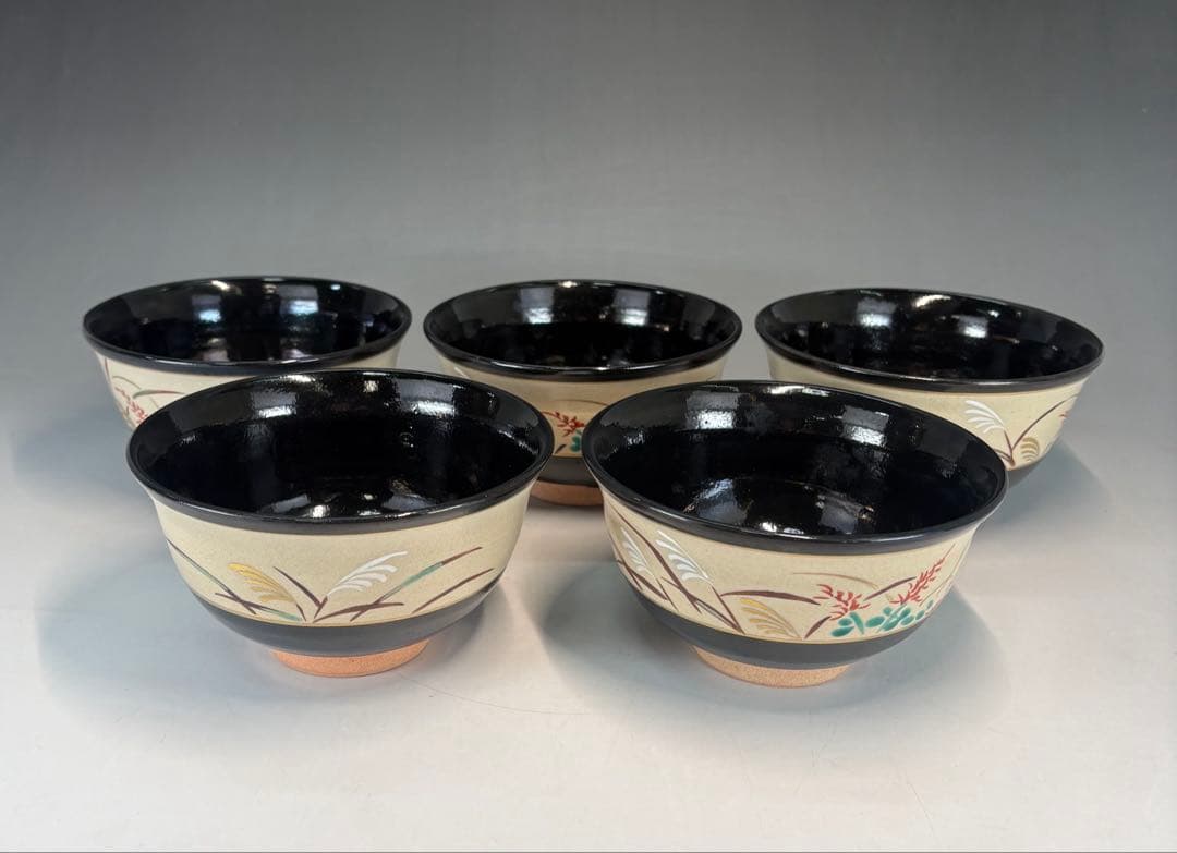 【中古品】森岡嘉祥造　秋草絵茶碗五客（共箱）