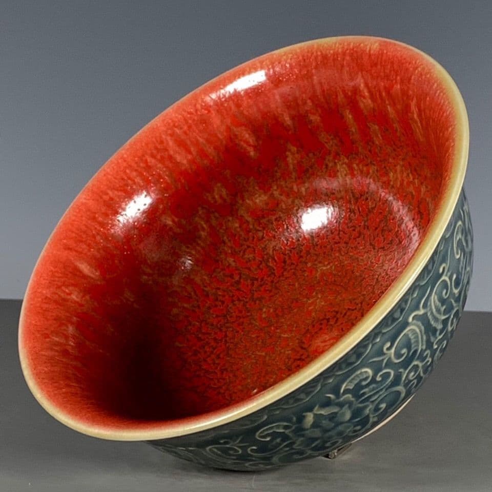 大清康煕緑釉霽紅釉碗  工芸品 美術品 置物