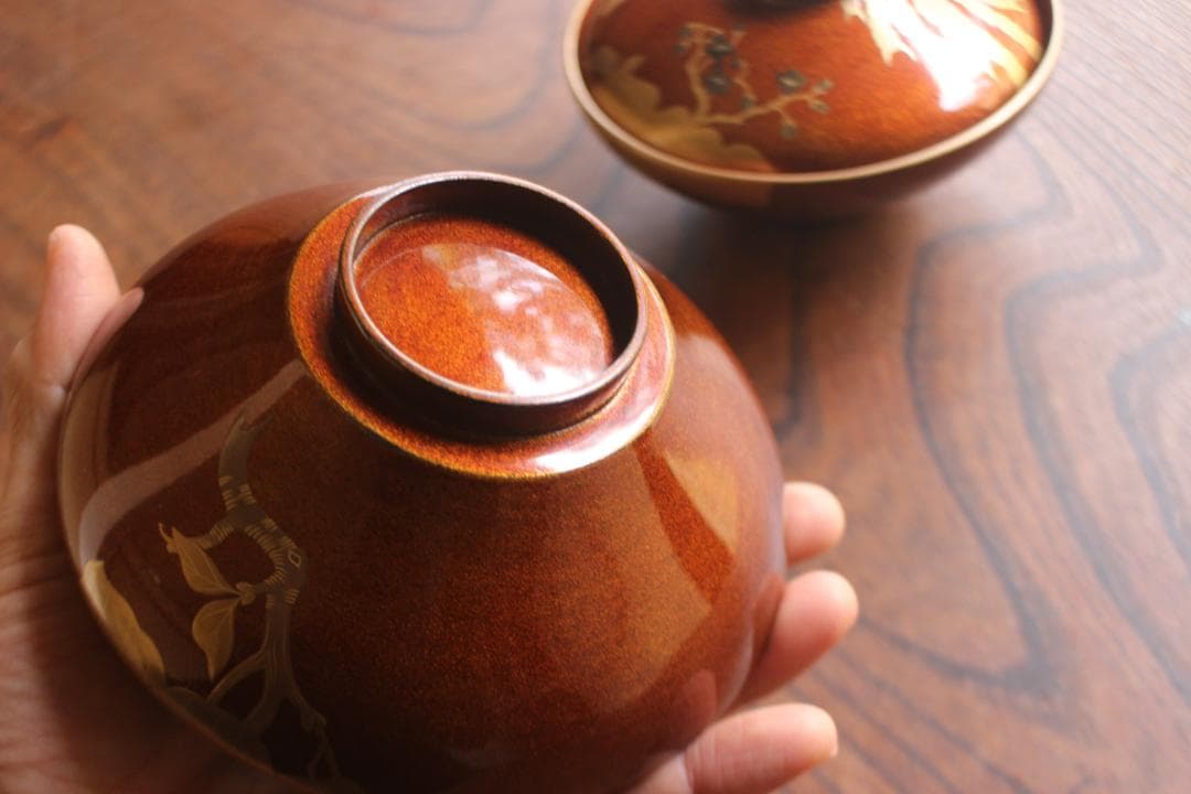 デッドストック！極上内朱梨地に優美な鳳凰蒔絵の映えるお椀2点（検輪島塗雑煮椀