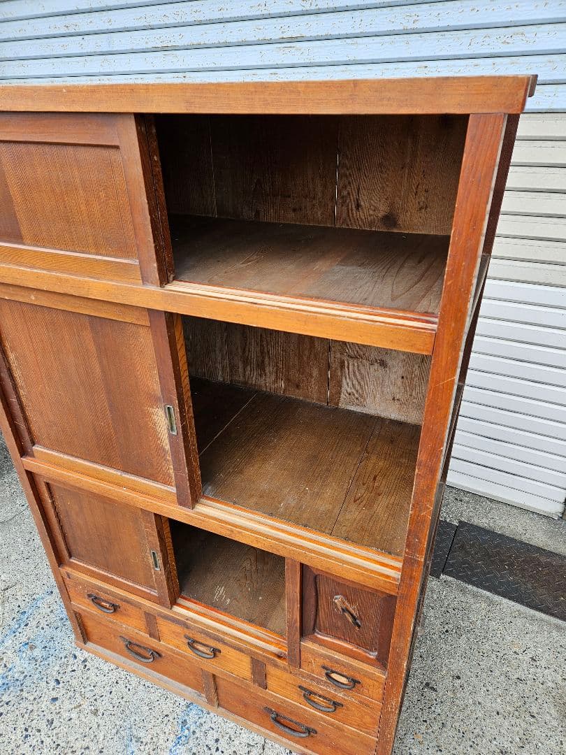 日本のアンティーク 古い水屋箪笥 無垢材 木製 茶箪笥 食器棚 古家具